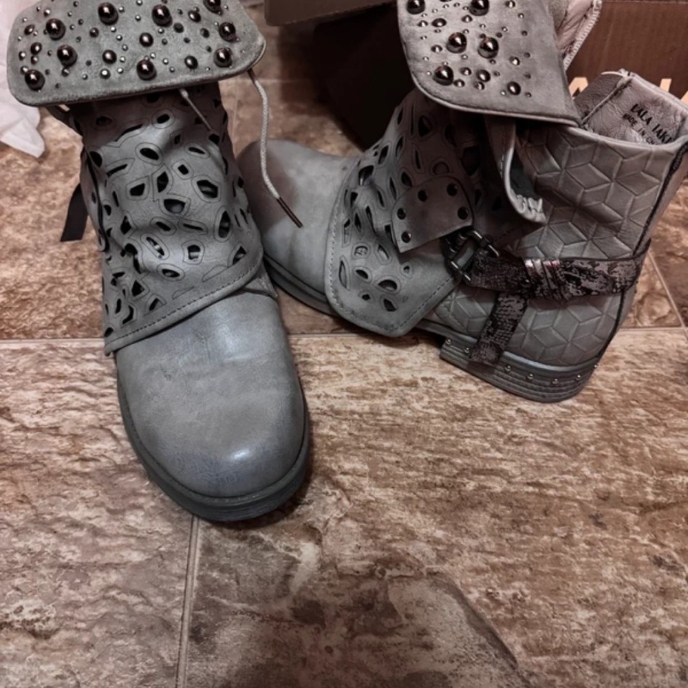 Zara Gray Cutout Lace-Up Ankle Boots with Studded Flap